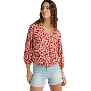 West K Faux Wrap Surplice Top Boho Red Cream Floral Print Lightweight L NWOT